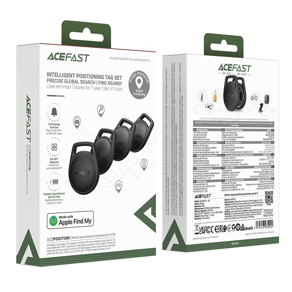 Acefast SmartTag S2 voor iOS Series, Set van 4 stuks, Zwart