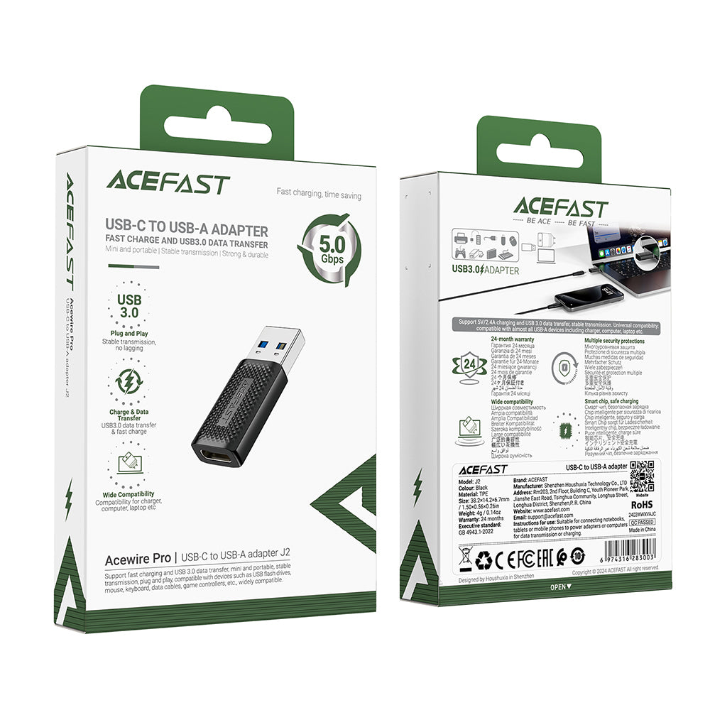 Data- en Oplaadadapter USB-C - USB-A Acefast J2, Zwart
