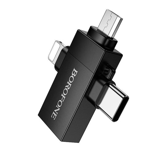 Adaptateur OTG Lightning / microUSB / USB-C - USB-A Borofone BV26D, Noir