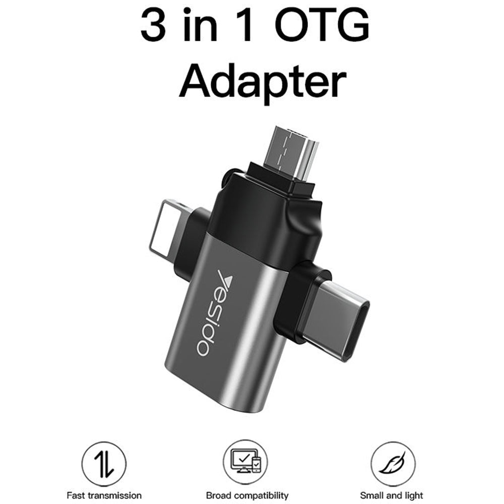 Adaptateur OTG Lightning / microUSB / USB-C - USB-A Yesido GS15, Noir