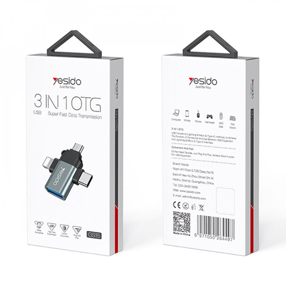 Adaptateur OTG Lightning / microUSB / USB-C - USB-A Yesido GS15, Noir
