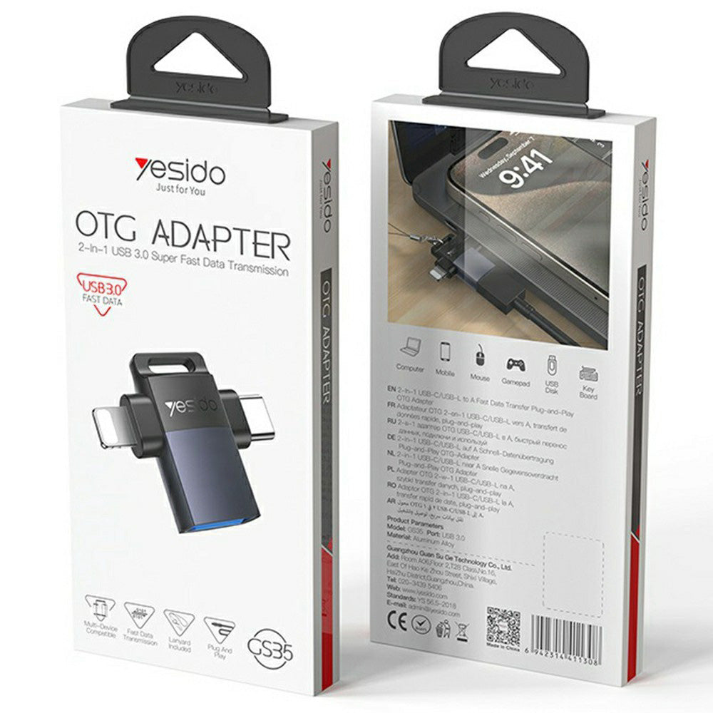 OTG-Adapter Lightning / USB-C - USB-A Yesido GS35, Grau