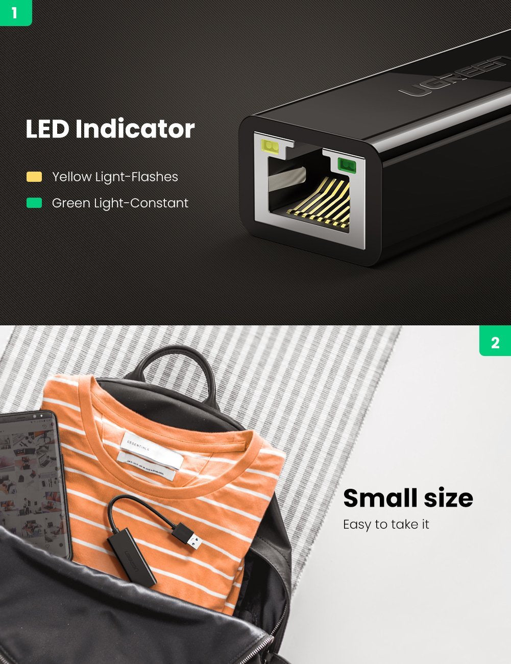 Netwerkkaart UGREEN CR111, RJ45, USB 3.0, Zwart