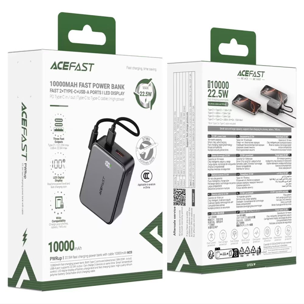 Externe Batterij Acefast M28, 10000mAh, 22.5W, QC + PD, 1 x USB-A - 2 x USB-C, Zwart