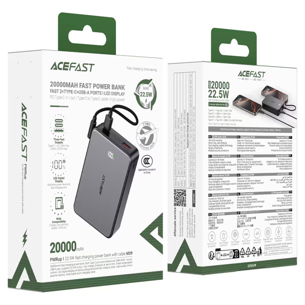 Acefast M29 External Battery, 20000mAh, 22.5W, QC + PD, 1 x USB-A - 2 x USB-C, Black