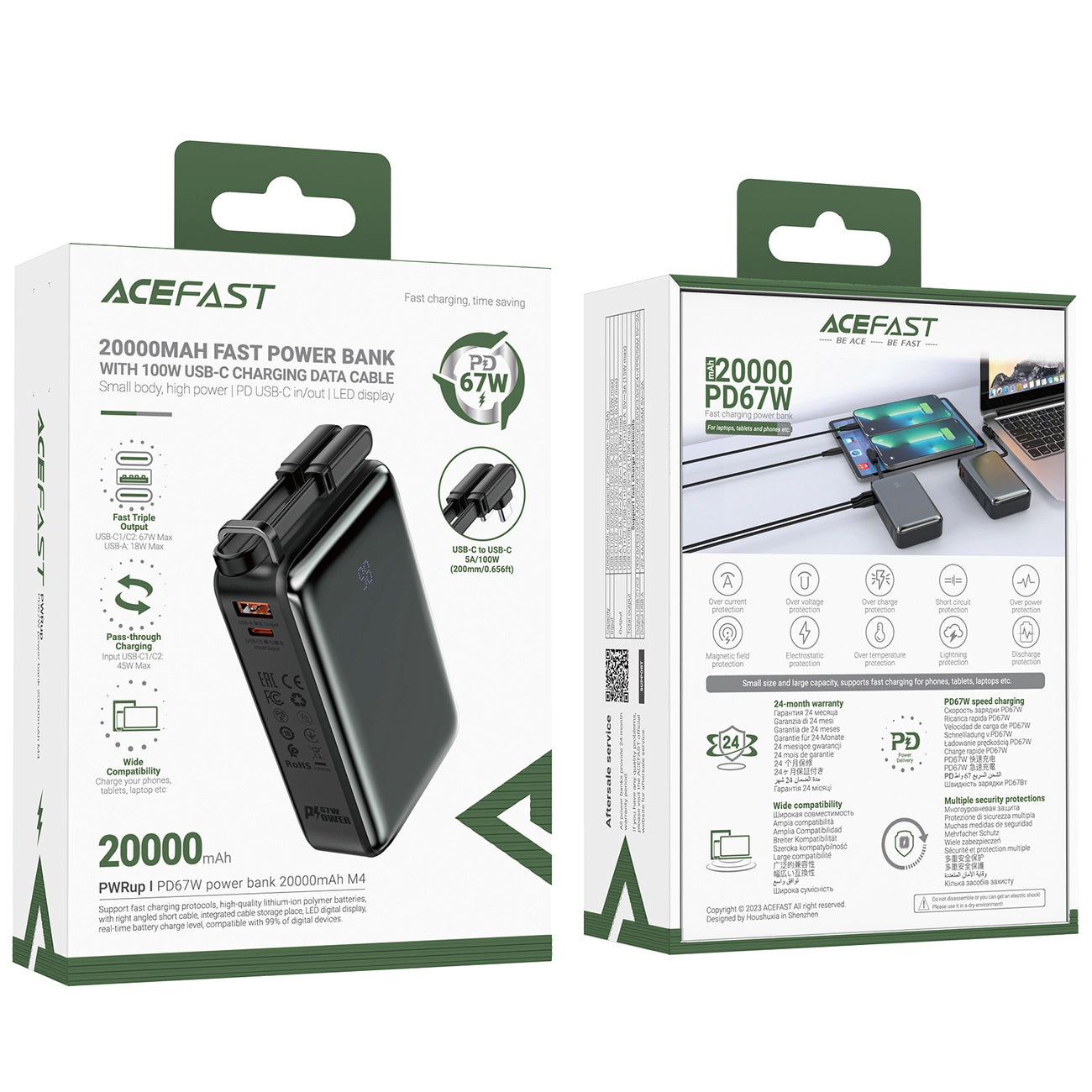Externer Akku Acefast M4, 20000mAh, 67W, PD, 1 x USB-A - 2 x USB-C, Schwarz