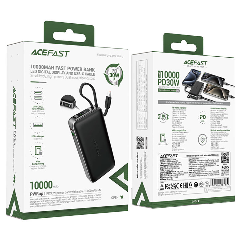 Externe Batterij Acefast M7, 10000mAh, 30W, QC + PD, 1 x USB-A - 2 x USB-C, Zwart