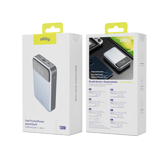 Externe Batterij Allity. APB-200 PocketPower, 19200mAh, 130W, QC + PD, 1 x USB-A - 2 x USB-C, Gri