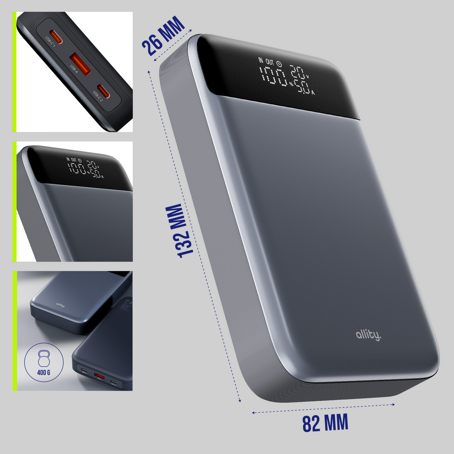 Externe Batterij Allity. APB-200 PocketPower, 19200mAh, 130W, QC + PD, 1 x USB-A - 2 x USB-C, Gri