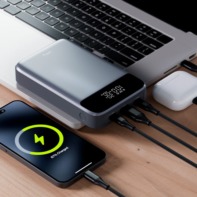 Externe Batterij Allity. APB-200 PocketPower, 19200mAh, 130W, QC + PD, 1 x USB-A - 2 x USB-C, Gri