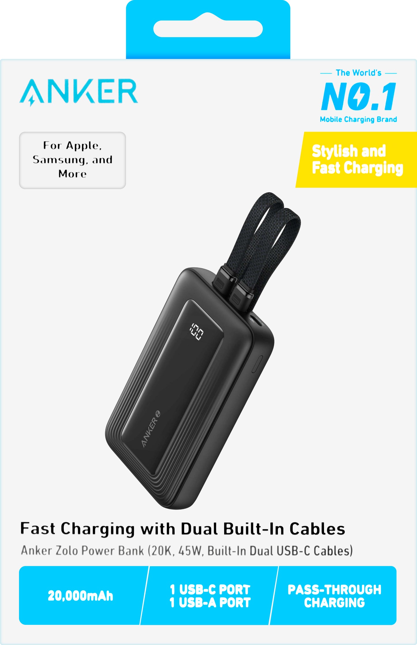 Batterie Externe Anker Zolo, 20000mAh, 45W, QC + PD, 1 x USB-A - 3 x USB-C, Noire A1681H12