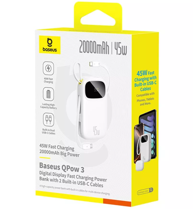 Batterie Externe Baseus EnerFill FC31, 20000mAh, 45W, QC + PD, 1 x Lightning - 1 x USB-A - 2 x USB-C, Blanche P10082105213-00