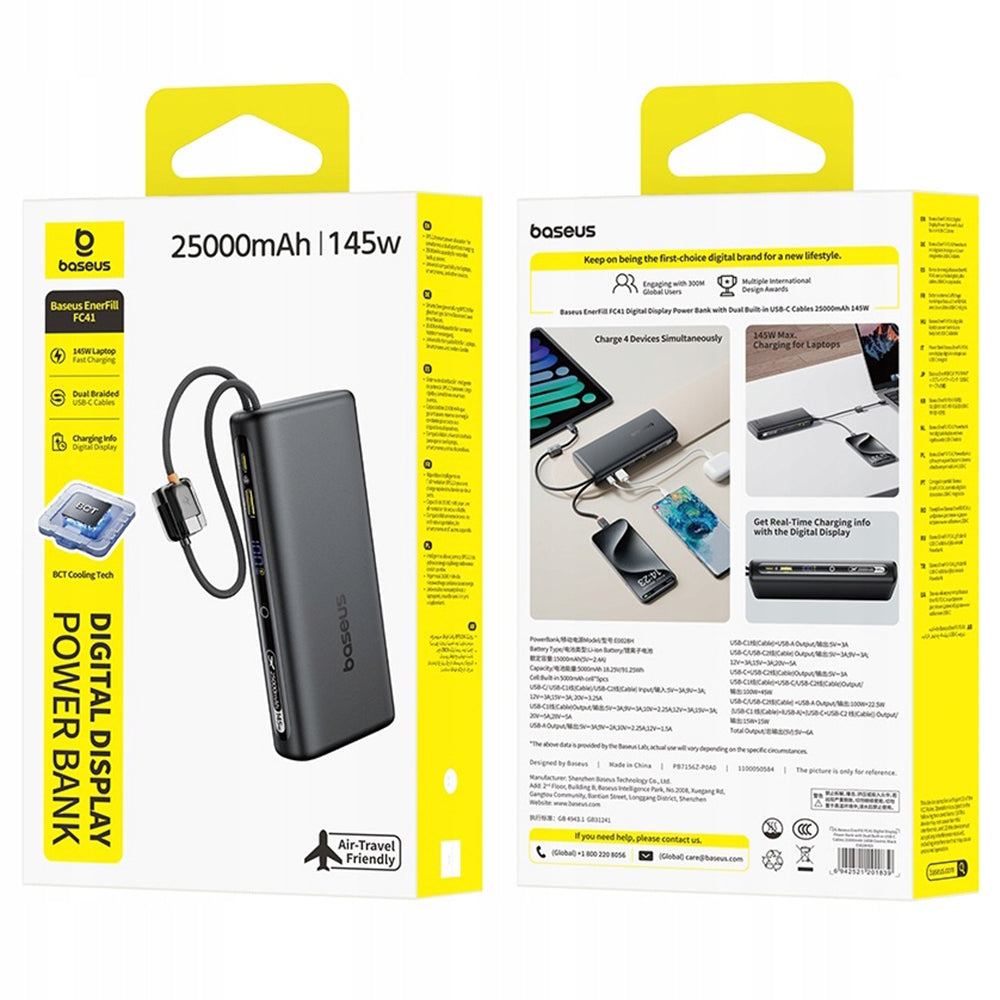 Externe batterij Baseus EnerFill FC41, 25000mAh, 145W, QC + PD, 1 x USB-A - 3 x USB-C, Zwart E0028H03