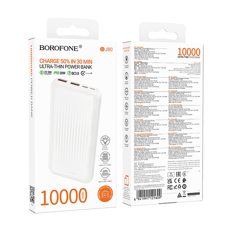 Externe Batterij Borofone BJ80A Clever, 10000mAh, 22.5W, QC + PD, 1 x USB-C - 2 x USB-A, Wit