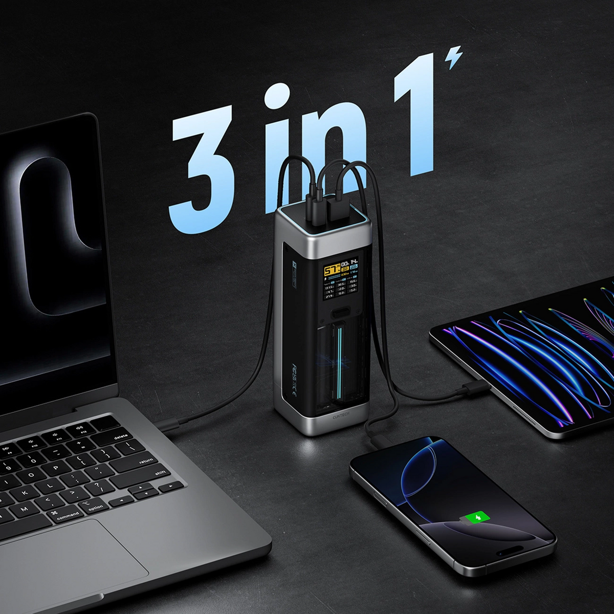 Externe Batterij Cuktech, 25000mAh, 210W, QC + PD, 1 x USB-A - 2 x USB-C, Zwart CUK00P23GLBK