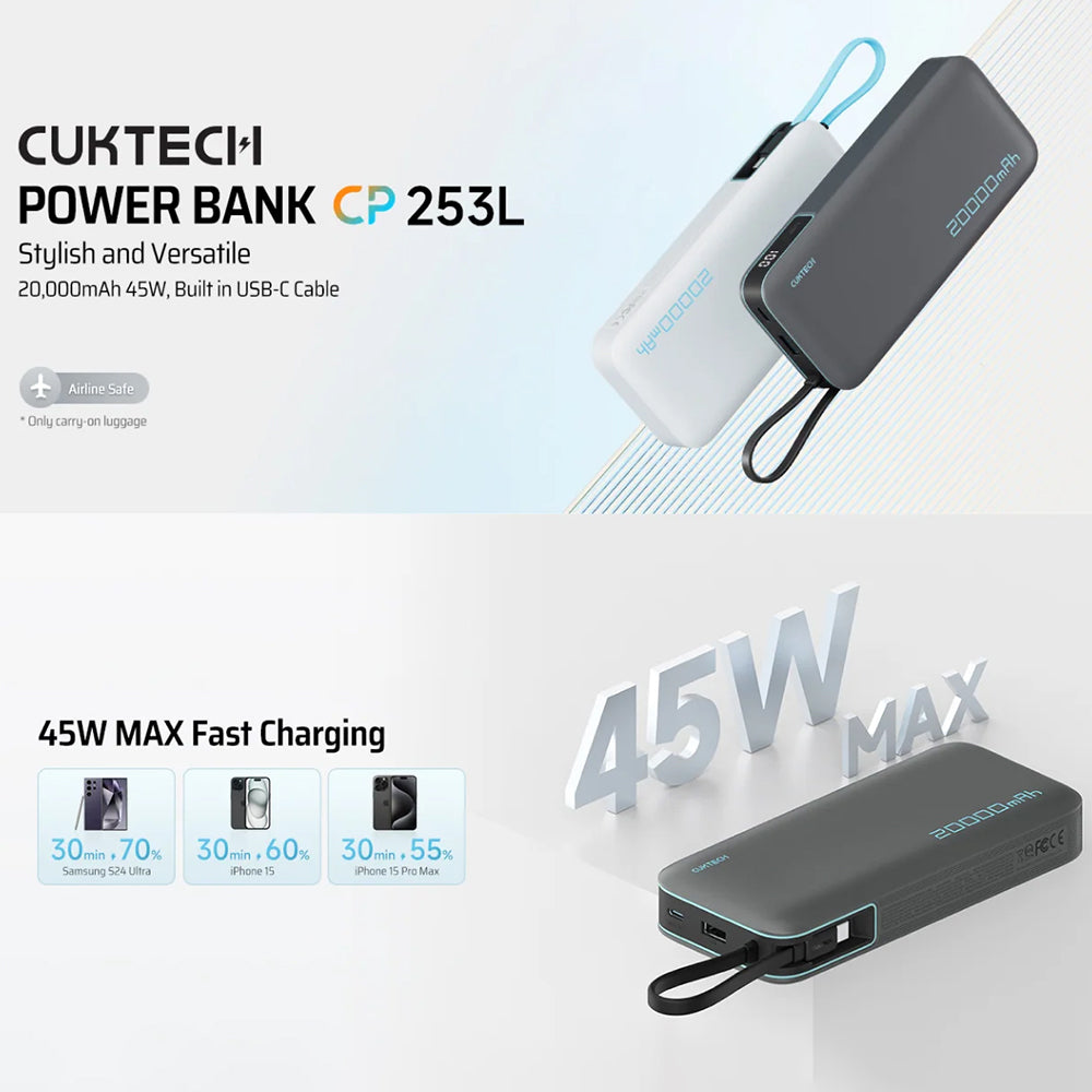 Batterie Externe Cuktech LPB200N, 20000mAh, 45W, QC + PD, 1 x USB-A - 2 x USB-C, Blanche CUKP200NGLLG