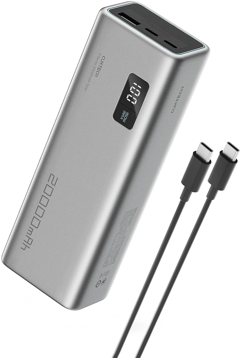 Externe Batterij Cuktech P+ No.15, 20000mAh, 150W, QC + PD, 1 x USB-A - 2 x USB-C, Grijs CUKPB200GLBK
