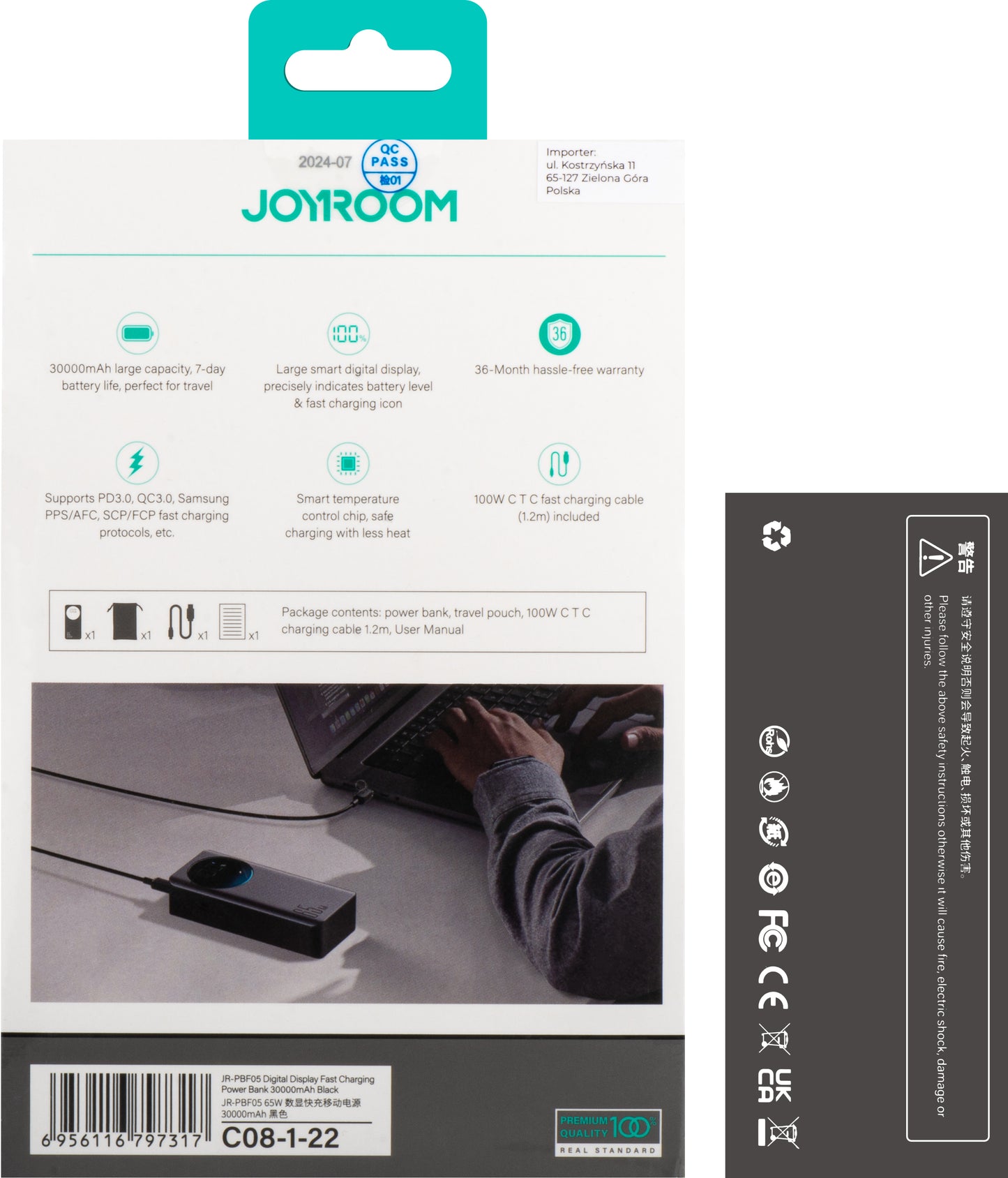Externe Batterij Joyroom JR-PBF05, 30000mAh, 65W, QC + PD, 1 x USB-A - 2 x USB-C, Zwart