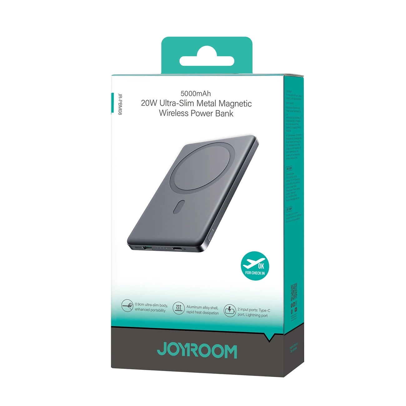 Externe Draadloze Batterij Joyroom JR-PBM08, 5000mAh, 20W, PD + FQI, 1 x QI - 1 x USB-C, Gri