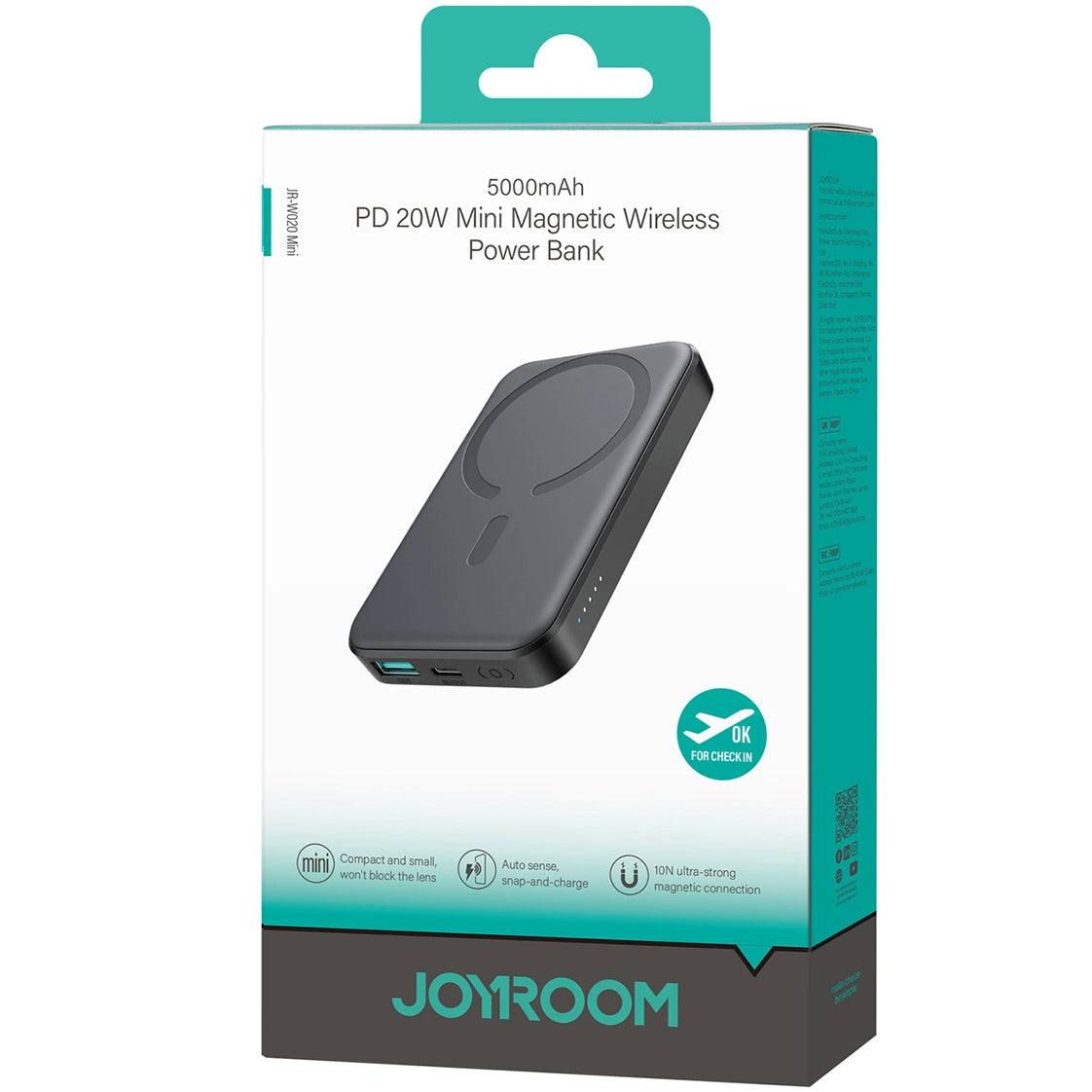 Draadloze Externe Batterij Joyroom JR-W020 Mini, 5000mAh, 20W, QC + PD + FQI, 1 x QI - 1 x USB-A - 1 x USB-C, Zwart
