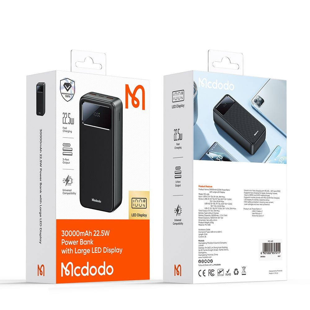 Externer Akku McDodo MC-4240, 30000mAh, 22.5W, QC + PD, 2 x USB-A - 1 x USB-C, Schwarz