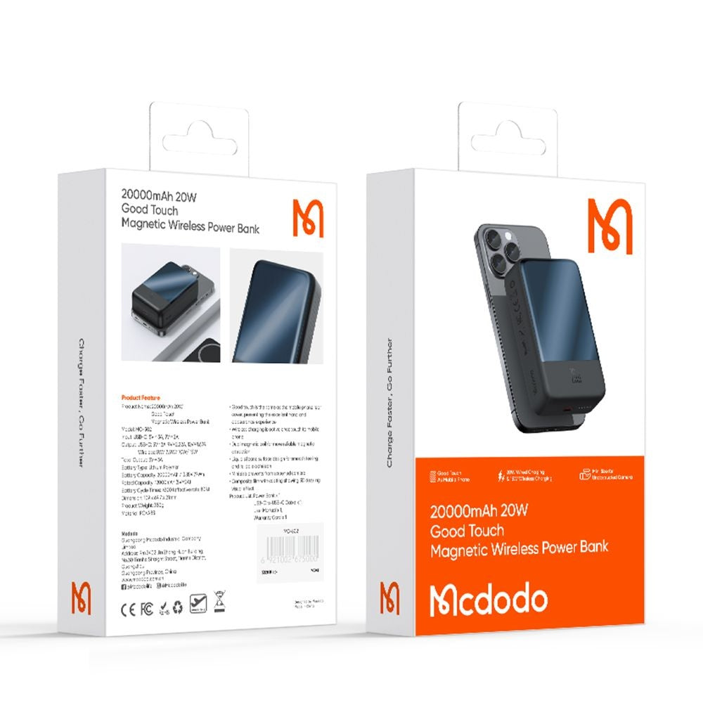Batterie Externe Sans Fil McDodo MC-5021 Ambilight, 20000mAh, 20W, PD + FQI, 1 x QI - 1 x USB-C, Noire