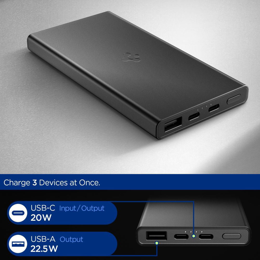 Externer Akku Spigen Essential, 10000mAh, 22.5W, QC + PD, 1 x USB-A - 2 x USB-C, Schwarz ABA09431