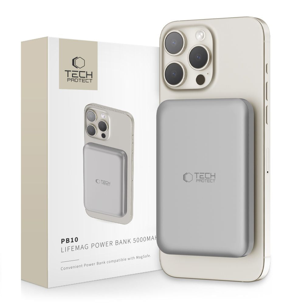 Tech-Protect PB10 LifeMag Wireless Externer Akku, 5000mAh, 15W, PD + FQI, 1 x QI - 1 x USB-C, Grau