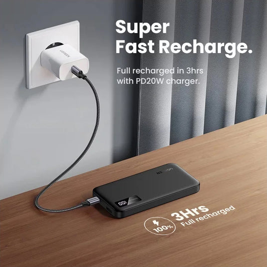 Externe Batterij UGREEN PB311, 10000mAh, 22.5W, QC + PD, 1 x USB-C - 2 x USB-A, Zwart