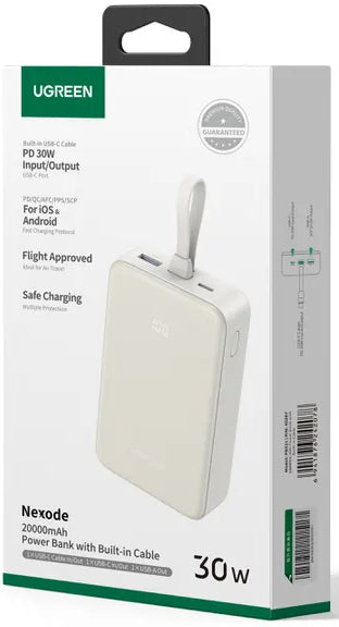 Externe Batterij UGREEN PB521, 20000mAh, 30W, QC + PD, 1 x USB-A - 2 x USB-C, Wit