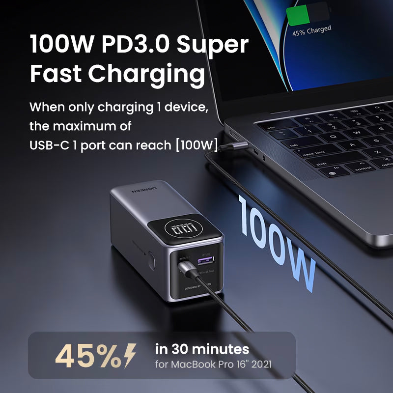 Externe Batterij UGREEN PB724, 12000mAh, 100W, QC + PD, 1 x USB-A - 1 x USB-C, Gri