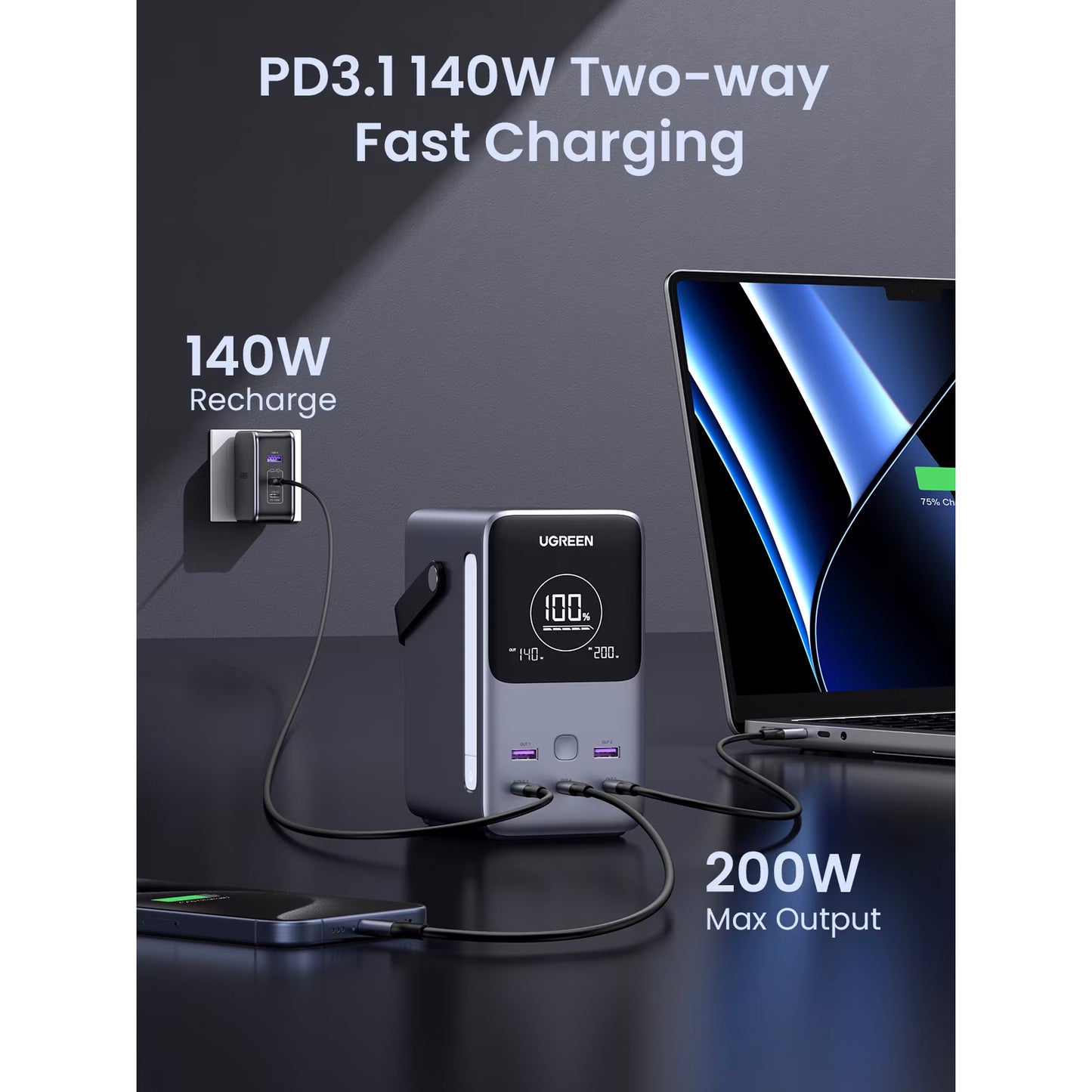 Externe Batterij UGREEN PB770, 48000mAh, 300W, QC + PD, 2 x USB-A - 3 x USB-C, Gri