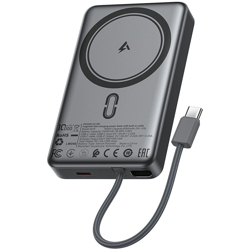 Draadloze Externe Batterij Acefast M18, 10000mAh, 22.5W, PD + FQI, 1 x QI - 2 x USB-C, Zwart