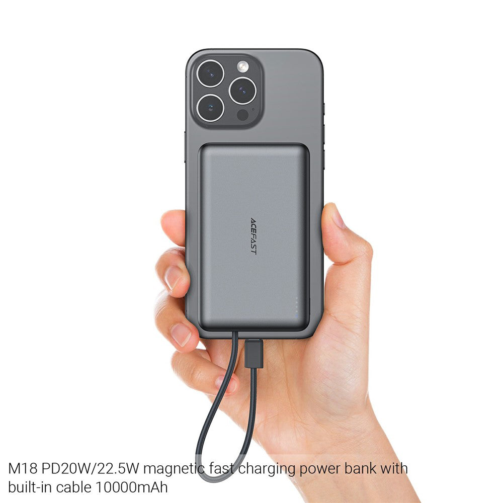 Draadloze Externe Batterij Acefast M18, 10000mAh, 22.5W, PD + FQI, 1 x QI - 2 x USB-C, Zwart