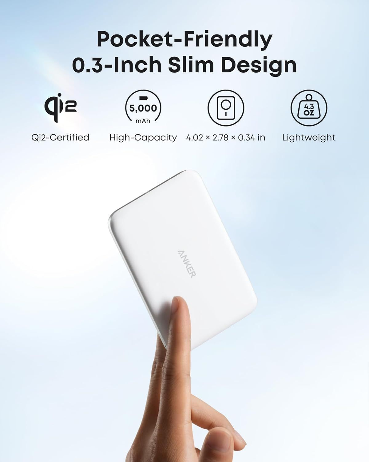 Batterie Externe Sans Fil Anker Nano, 5000mAh, 20W, PD + FQI, 1 x QI - 1 x USB-C, Blanche A1665H21