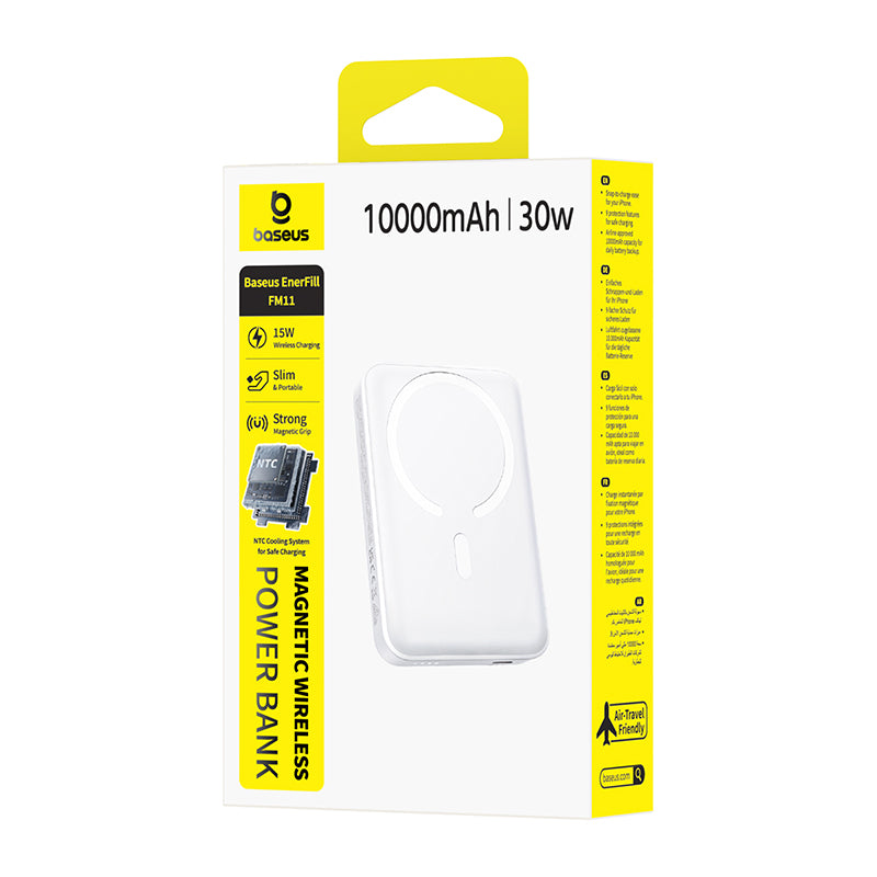 Batterie Externe Sans Fil Baseus EnerFill FM11, 10000mAh, 30W, PD + FQI, 1 x QI - 1 x USB-C, Blanche
