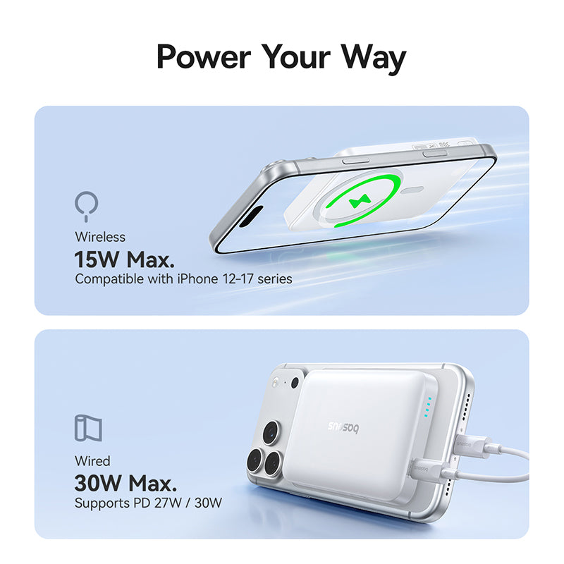 Batterie Externe Sans Fil Baseus EnerFill FM11, 10000mAh, 30W, PD + FQI, 1 x QI - 1 x USB-C, Blanche