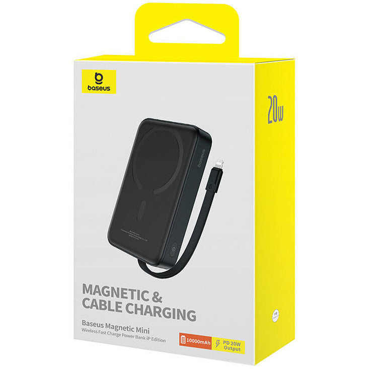 Draadloze Externe Batterij Baseus Magnetic Mini, 10000mAh, 20W, PD + FQI, 1 x Lightning - 1 x QI - 1 x USB-C, Zwart P10022109113-00