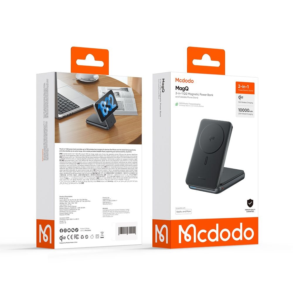 Externer Wireless-Akku McDodo MC-6310 2in1, 10000mAh, 20W, PD + FQI, 1 x USB-C, Schwarz