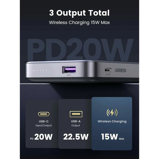 UGREEN PB206 Wireless External Battery, 10000mAh, 20W, QC + PD + FQI, 1 x QI - 1 x USB-A - 1 x USB-C, Grey