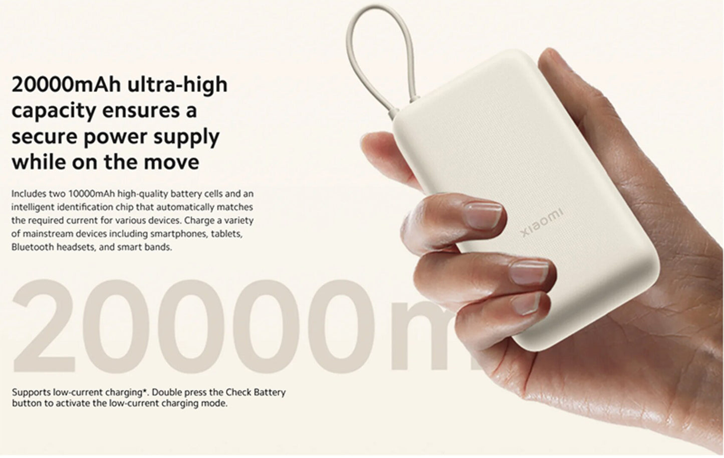 Externe Batterij Xiaomi, 20000mAh, 33W, QC + PD, 1 x USB-A - 2 x USB-C, Beige BHR8851GL