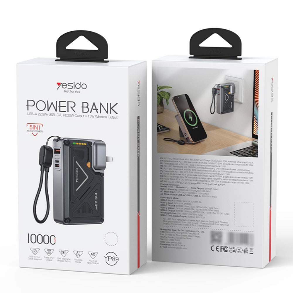 Batterie Externe Yesido YP89, 10000mAh, 22.5W, QC + PD + FQI, 1 x Lightning - 1 x QI - 1 x USB-A - 1 x USB-C, Gris