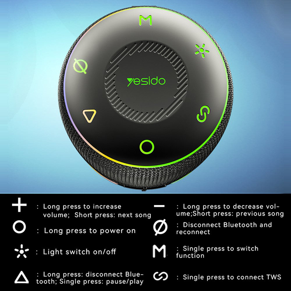 Yesido YSW22 Portable Bluetooth Speaker, 30W, RGB, Waterproof, Black