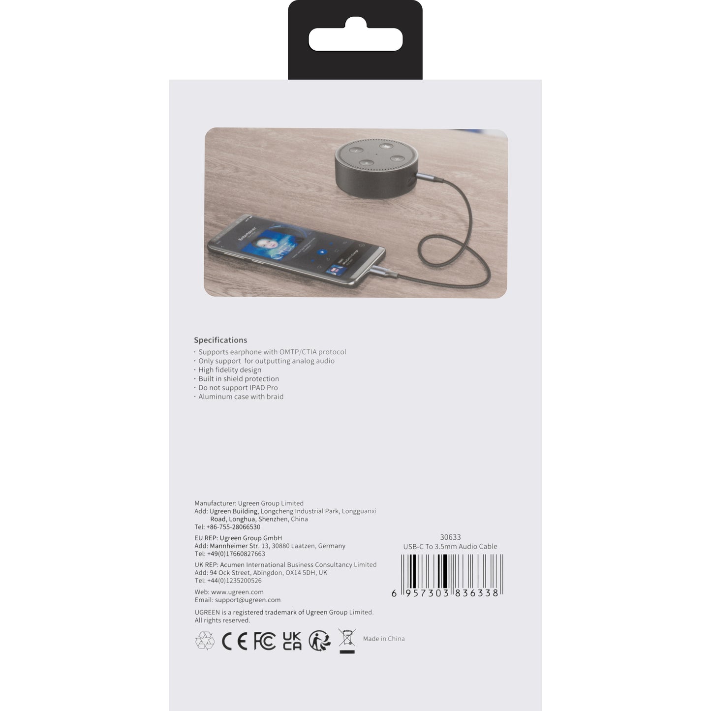 Audio Kabel USB-C - 3.5mm UGREEN AV143, 1m, Gri