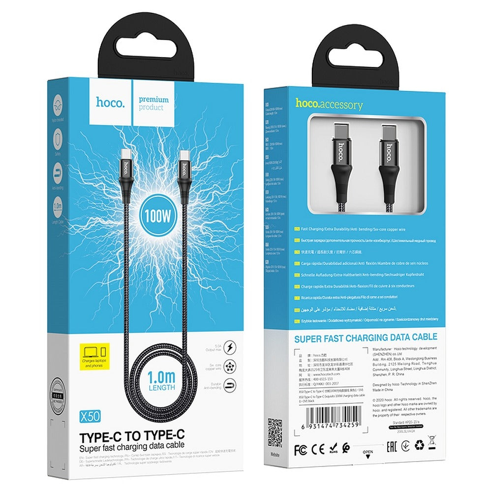 USB-C Data- en Oplaadkabel - USB-C HOCO X50, 100W, 1m, Zwart