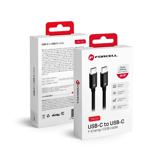 USB-C data- en oplaadkabel - USB-C Forcell F-Energy C338, 60W, 3m, Zwart