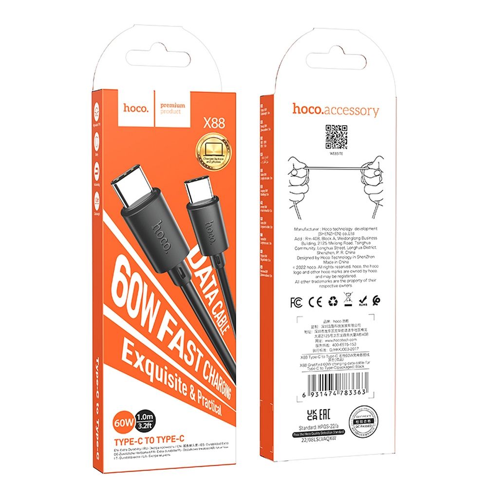 Câble de données et de charge USB-C - USB-C HOCO X88, 60W, 1m, noir