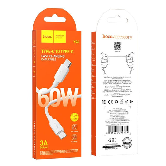 Câble de données et de charge USB-C - USB-C HOCO HOCO X96, 60W, 1m, blanc