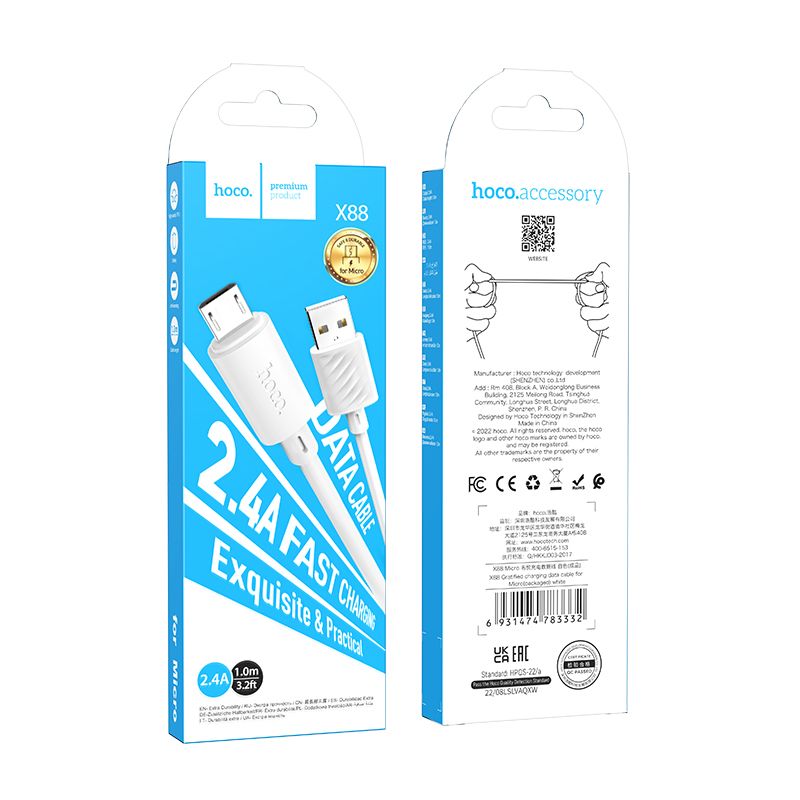 HOCO X88 Câble de données et de chargement USB-A - microUSB, 18W, 1m, blanc