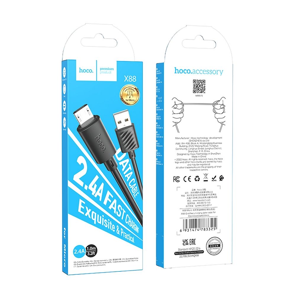 Câble de données et de chargement USB-A - microUSB HOCO X88, 18W, 1m, Noir